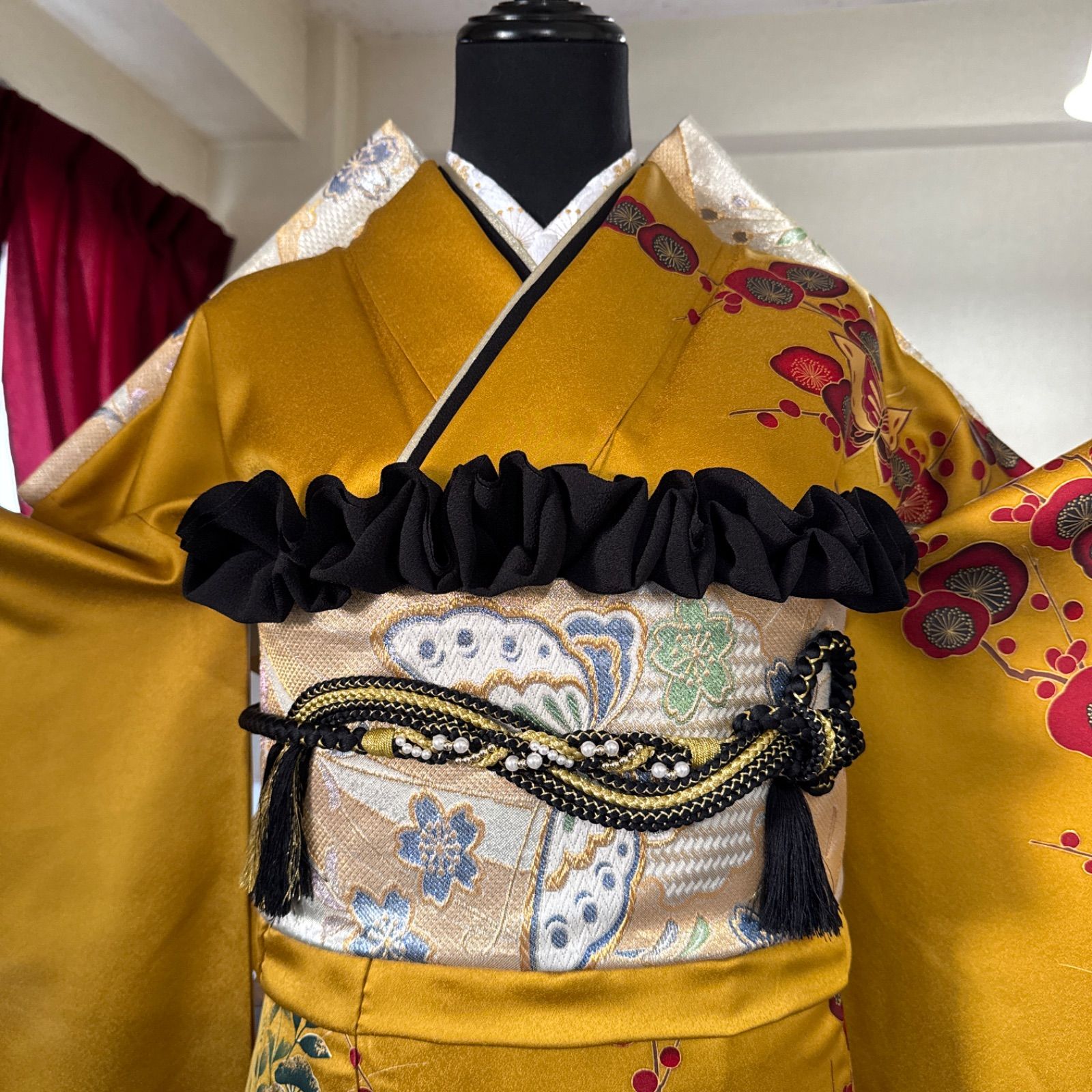 豪華振袖セット 4点 袋帯 重ね衿 半衿 古典柄 金駒刺繍 御所車 舞蝶 枝梅 桜 流水 松 金彩 御誂京仕立 箔 正絹