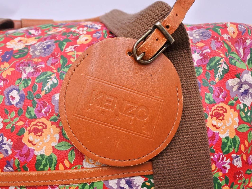 KENZO ケンゾー レザー 花柄 ボストン バッグ 赤 □□ レディース
