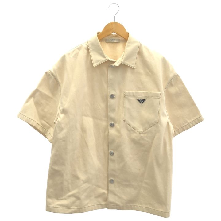 PRADA プラダ GEC 067 トライアングルロゴプレートデニム半袖シャツ メンズ ベージュ M
