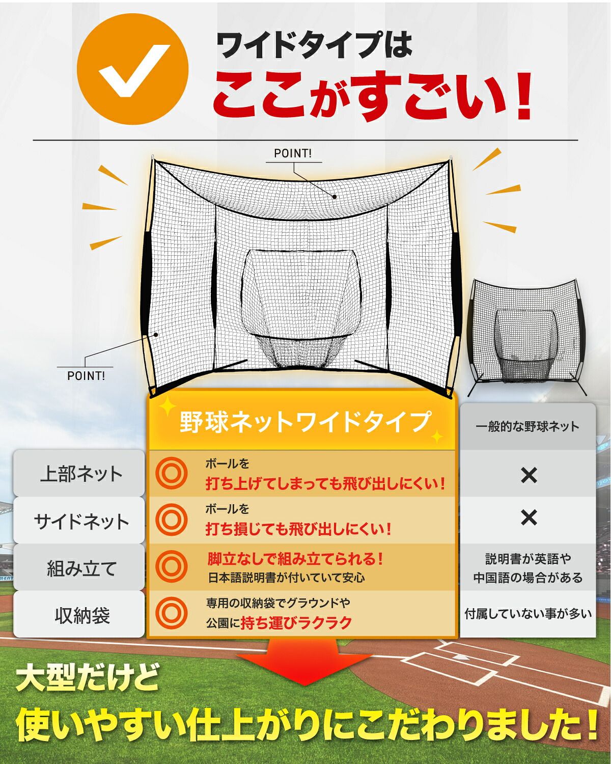 KaRaDaStyle 野球ネット 大型ワイド 3.8×2.4M バッティング 練習