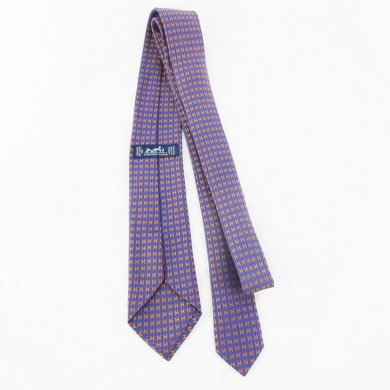 エルメス HERMES ネクタイ ファソネ H柄 パープル オレンジ 紫 剣先幅