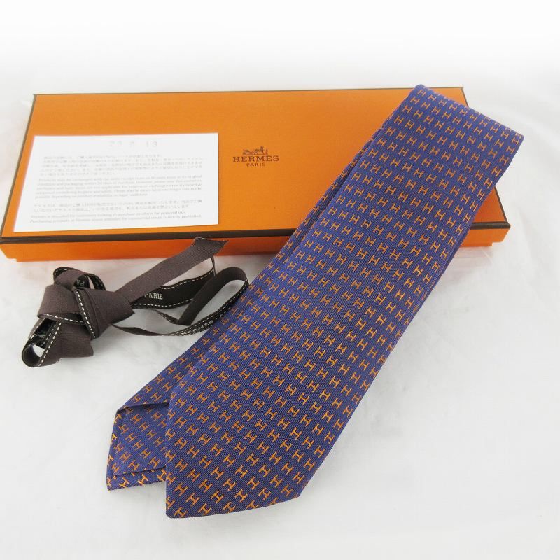 エルメス HERMES ネクタイ ファソネ H柄 パープル オレンジ 紫 剣先幅