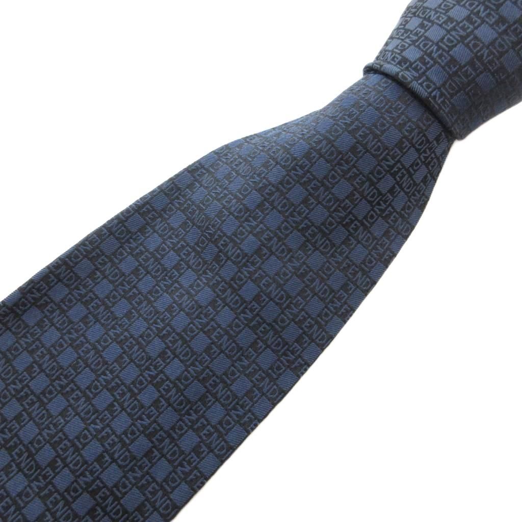 フェンディ FENDI ネクタイ カジュアル 絹 シルク チェック ロゴ柄 紺