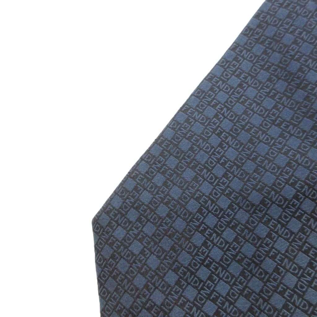 フェンディ FENDI ネクタイ カジュアル 絹 シルク チェック ロゴ柄 紺