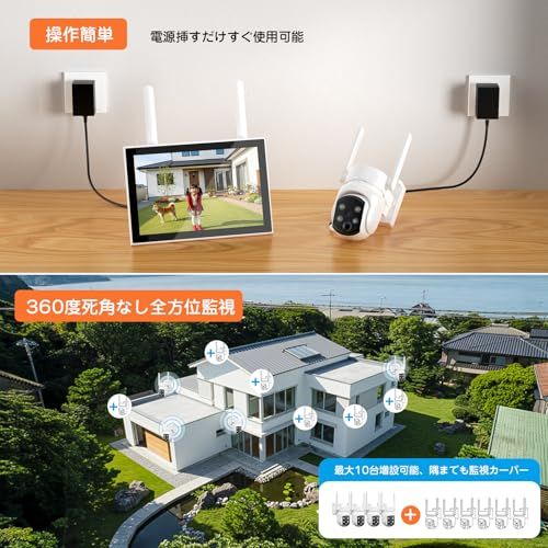  防犯カメラ ワイヤレス 屋外 500万画素 パンチルト 360°回転 130°広角 10 モニター付き AI検知 カラー暗視 投光威嚇 無線屋外防犯カメラ 2台セット IP 66防水防塵 監視カメラ 動体検知 警報通知 双方向音声通話 a 02 ee 848 その他 キッチン 食器