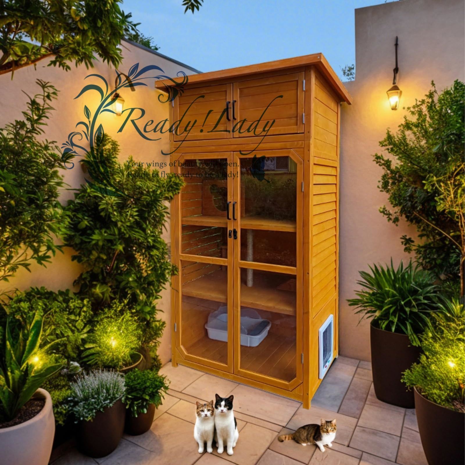 4段大型木製猫用 屋外猫用囲い 耐候性屋根付き 屋内外猫用 換気透明ドア オレンジ