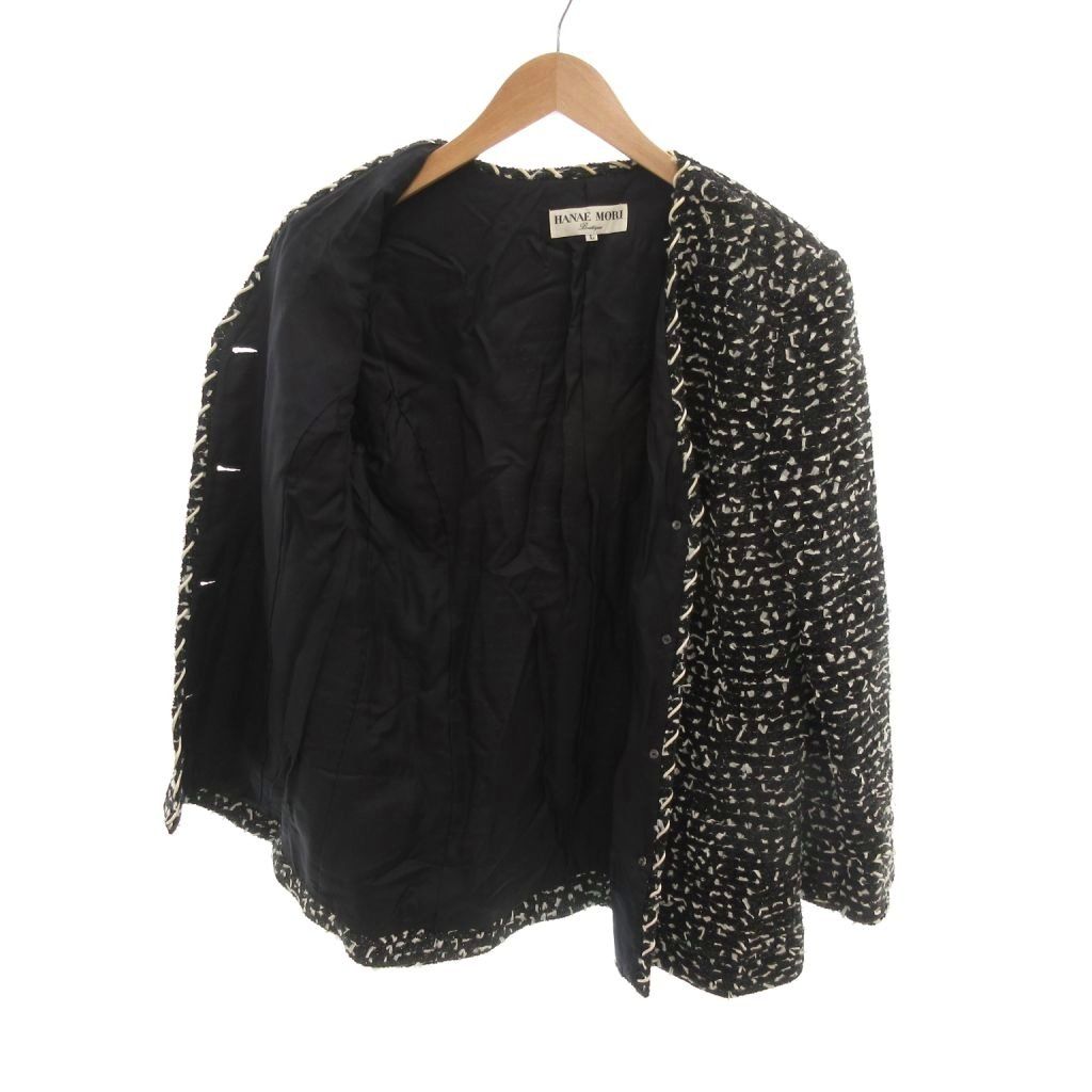 森英恵　ツイードジャケット ハナエモリ HANAE MORI ツイードジャケット ノーカラー ラメ L 黒