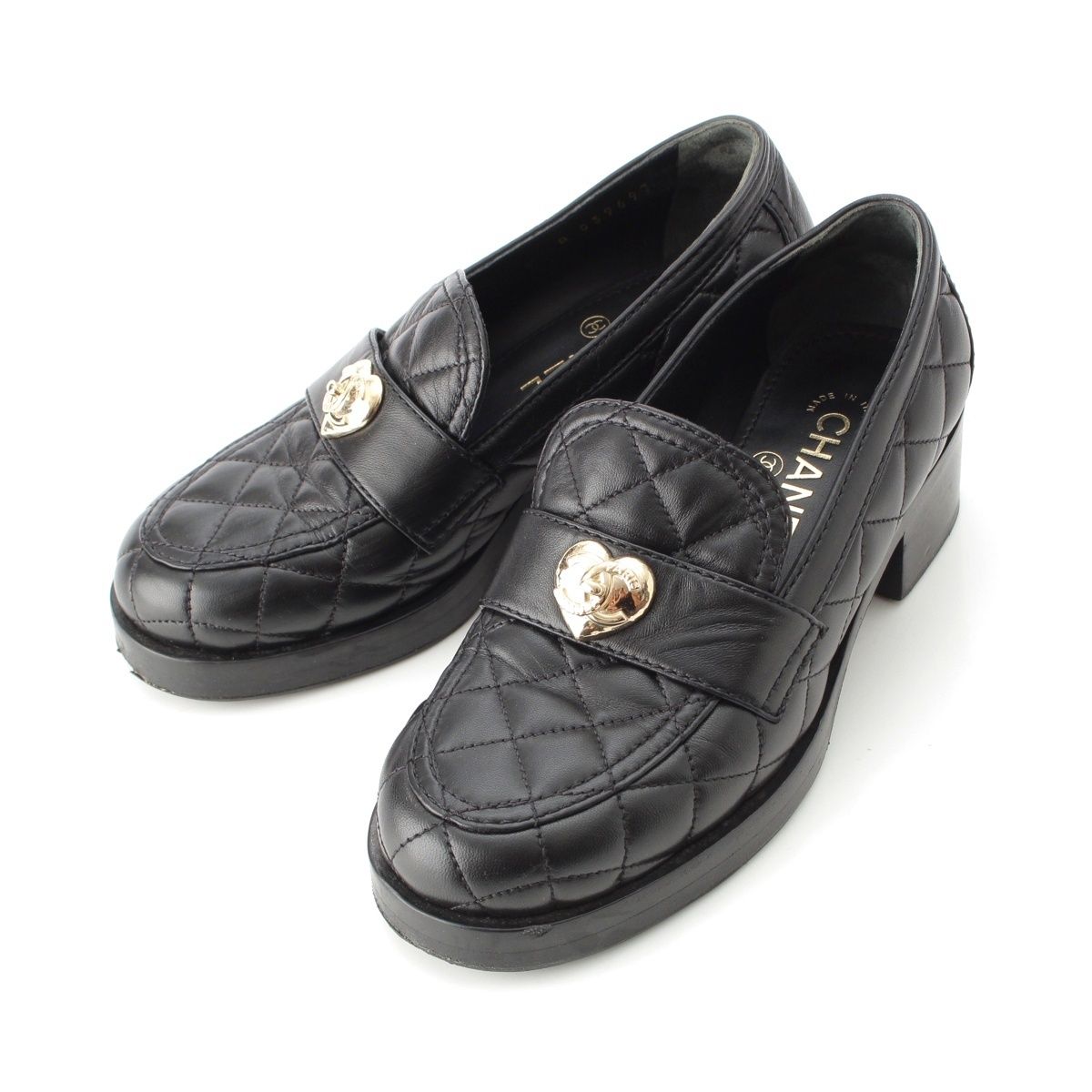 シャネル レザー マトラッセ ハート ココマーク ローファー シューズ