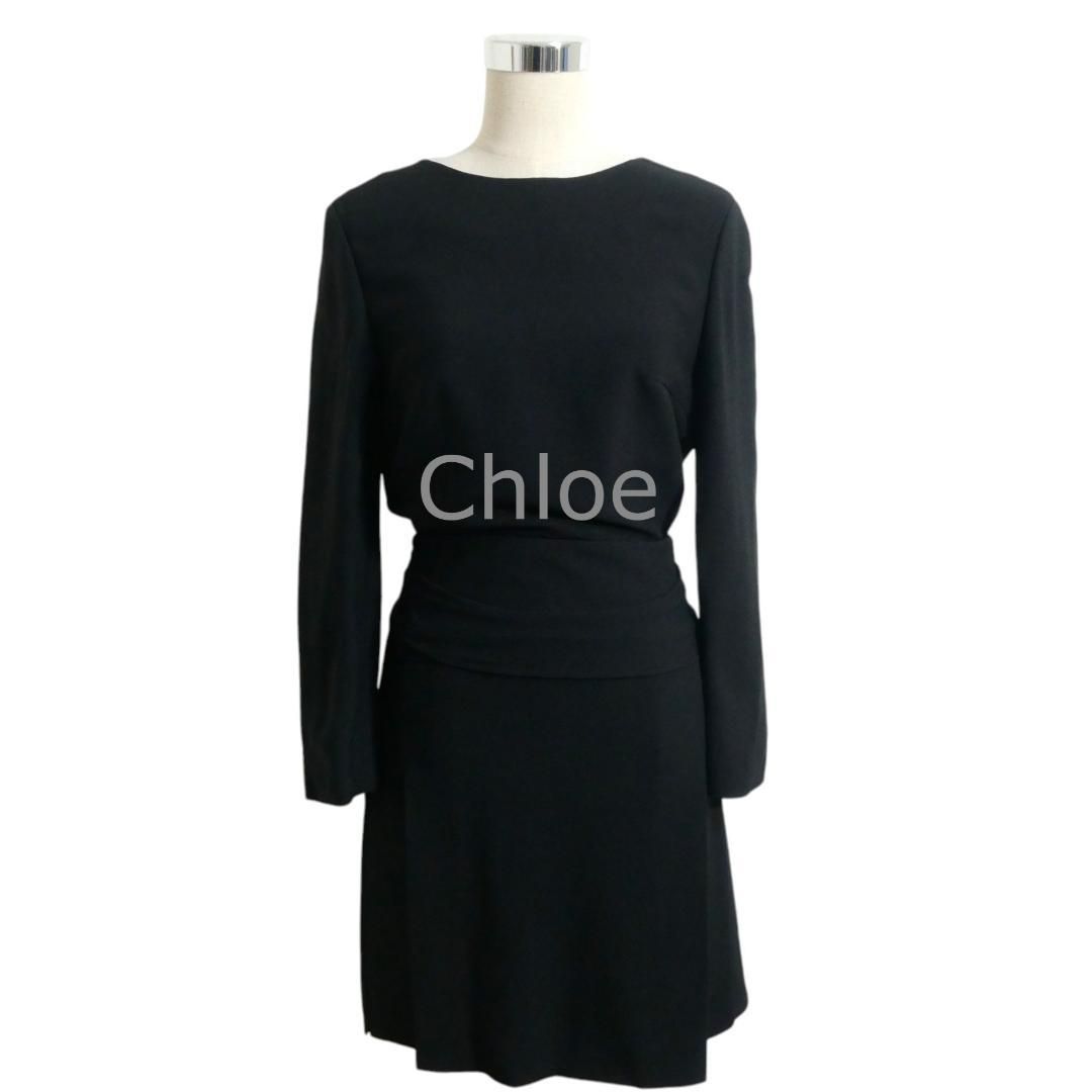 Chloe クロエ サイズ36 アセテート レーヨン 背中開き スリット 膝丈 クルーネック 長袖 ワンピース ドレス 黒 ブラック レディース