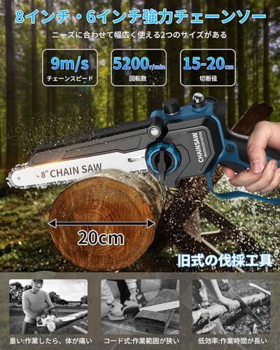 迅速に発送 チェーンソー 充電式 最強 9 m sブラシレスモーター 8インチ 6インチ 切断径15 20 cm 自動給油ハンディチェーンソー 2 0 Ahバッテリー 電動式 軽量 強力 ミニ 小型 ハンド式 ツール不要 安全ロック 009 f 95 e 8 その他 キッチン 食器