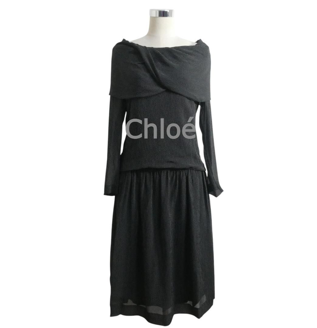 Chloe クロエ サイズ40 シルク100％ 水玉柄 ドット柄 ドレープ バックボタン 長袖 ブラウス シャツ ロング ミモレ フ スカート セットアップ 上下 黒 ブラック レディース