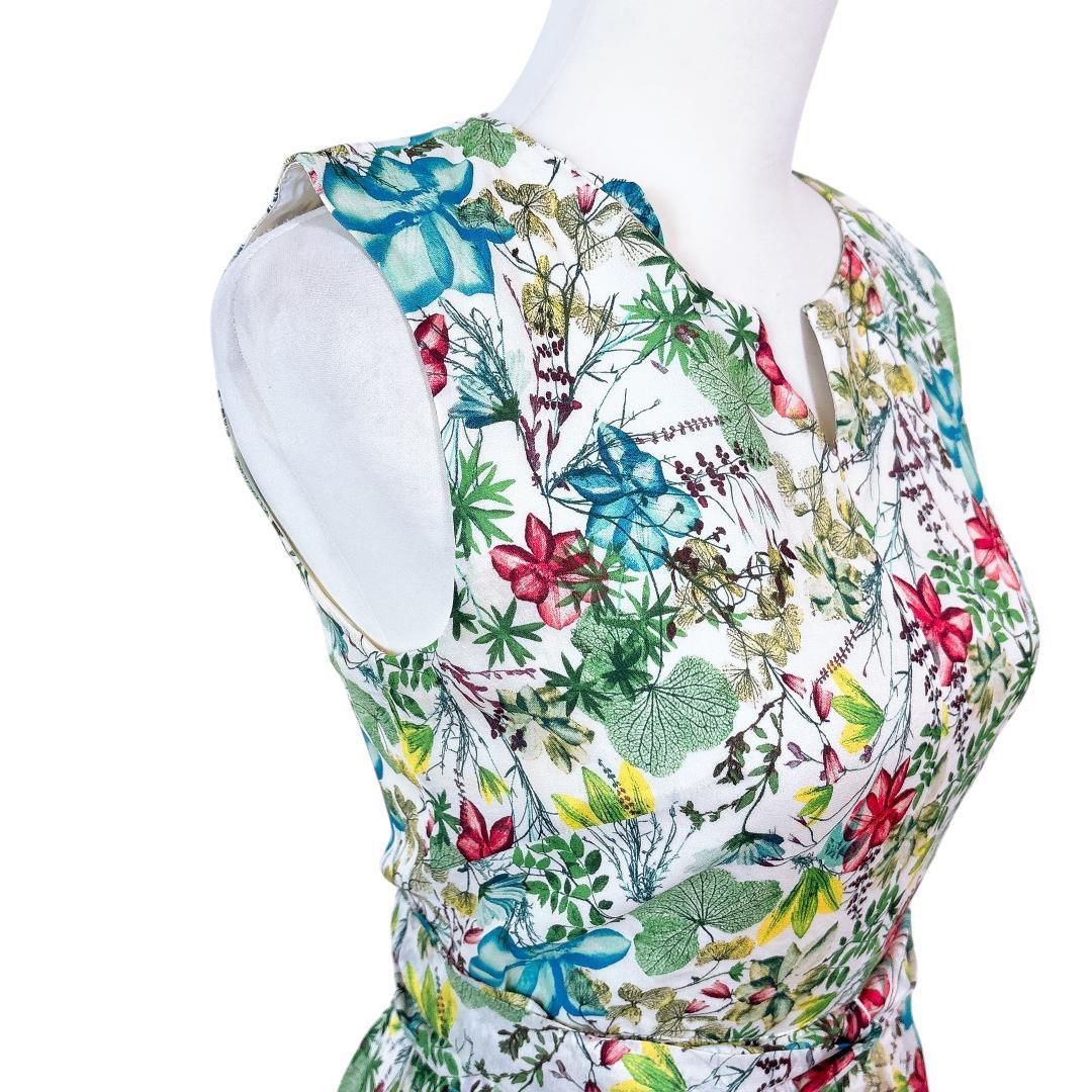 美品 アナイ ノースリーブワンピース 絹100 38 花柄 総柄 白×黄緑×黄