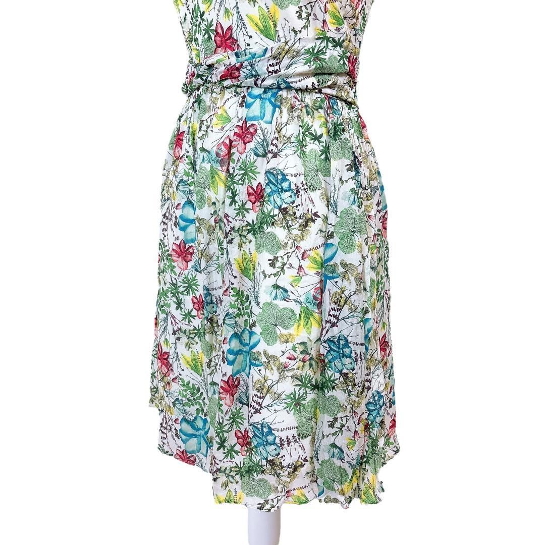 美品 アナイ ノースリーブワンピース 絹100 38 花柄 総柄 白×黄緑×黄