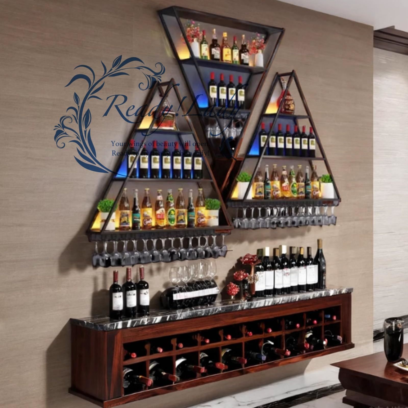 壁掛けワインラック 用鉄製三角形3段ワインラック LEDライト付き 大容量フローティングシェルフ グラスホルダー付き