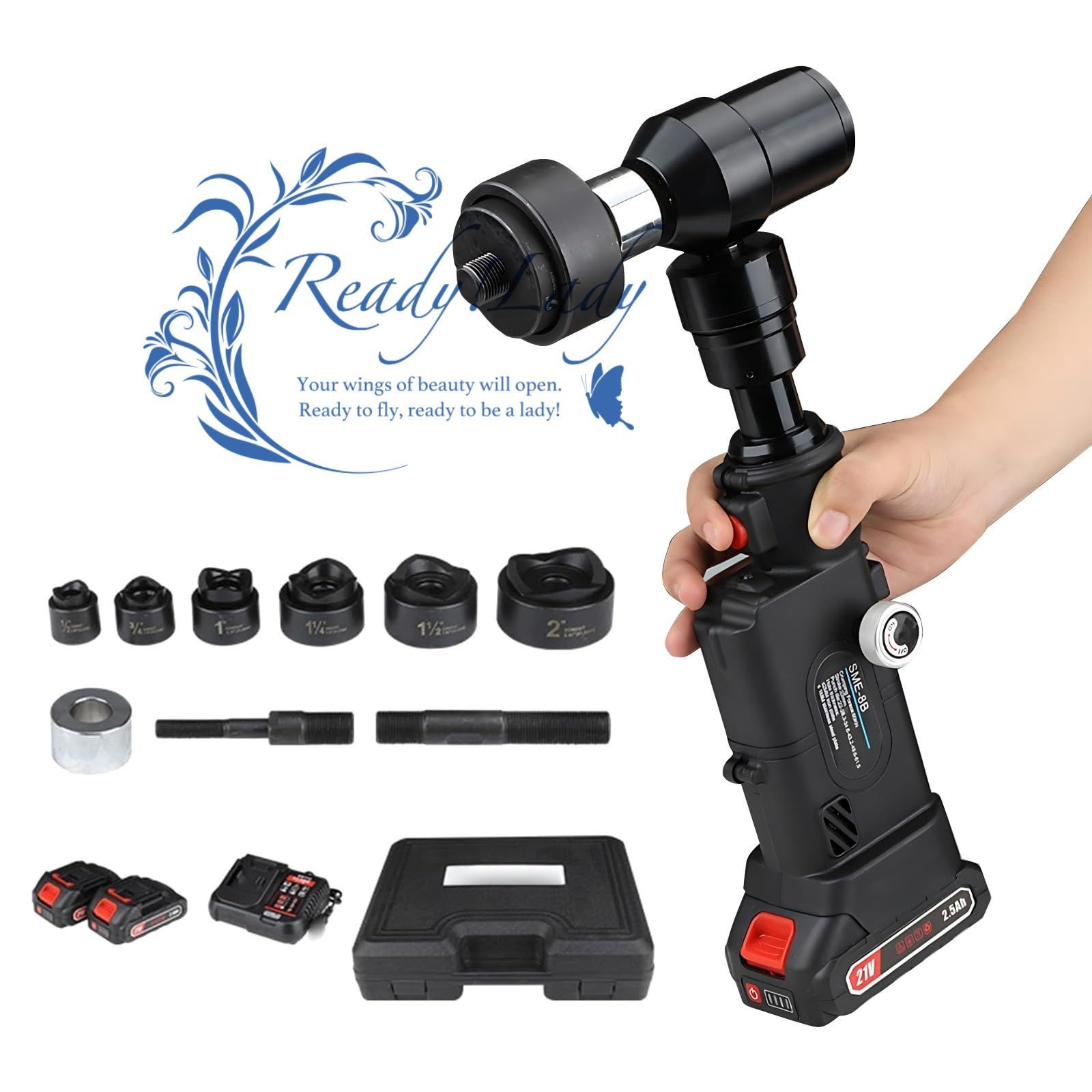 電動油圧式穴あけパンチ 80 KNポータブル金属穴あけ機 6つのダイ付き 22 mm充電式パンチングマシン プラスチックケース付き