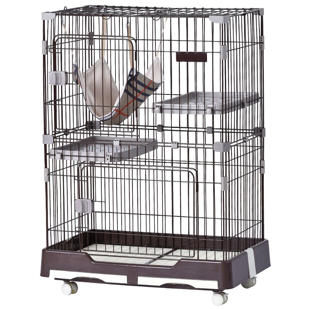 猫 ケージ キャットケージ ペットケージ キャスター付 猫ゲージ 大型 多頭飼い ネコドア キャットハウス 1段2段 留守番 保護 脱走防止 おしゃれ 2段 ブラウン