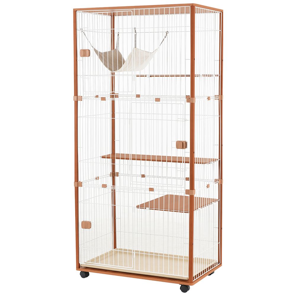 猫 キャットケージ ケージ 木製 キャットハウス ネコ ハウス 留守番 保護 脱走防止 多頭飼い 多頭 スチール 三段 チーク