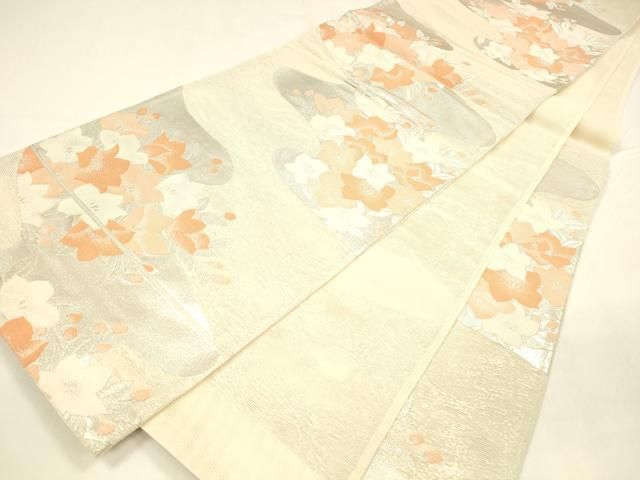 平和屋着物＊夏物 六通柄袋帯 流水草花文 銀糸 正絹 逸品 DABA0264cm