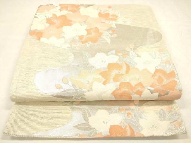 平和屋着物＊夏物 六通柄袋帯 流水草花文 銀糸 正絹 逸品 DABA0264cm