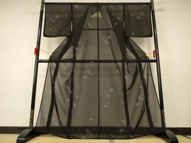 平和屋着物＊夏物 小紋 紗 葡萄 黒地 洗える着物 jd