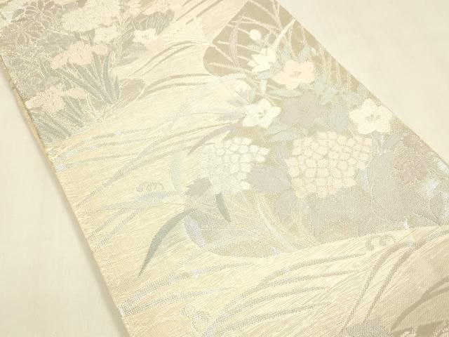 平和屋着物＊夏物 六通柄袋帯 流水草花文 銀糸 正絹 逸品 DABA0709cm