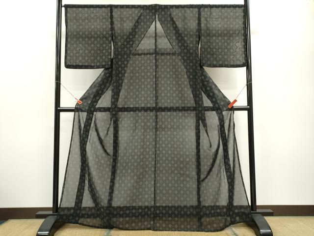 平和屋着物＊夏物 小紋 紗 菱吉祥文 黒地 洗える着物 ze