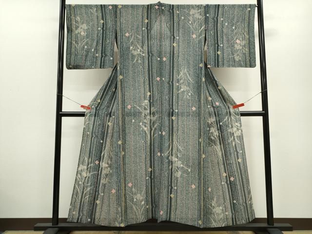 平和屋着物＊夏物 小紋 絽 変わり縞花文 たたき染め 正絹 ze