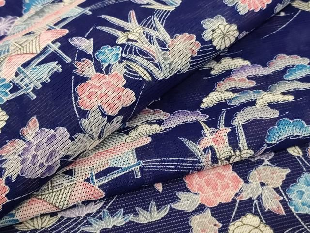 平和屋着物＊夏物 小紋 絽 風景草花文 洗える着物 jd