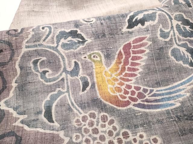 平和屋着物○九寸名古屋帯 作家物 紬地 型染め 葡萄蔦の葉鳥文 正絹
