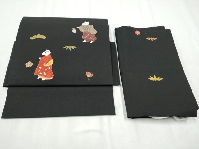 平和屋着物●つけ帯 駒刺繍 狐 松竹梅 黒地 金銀糸 正絹 hy