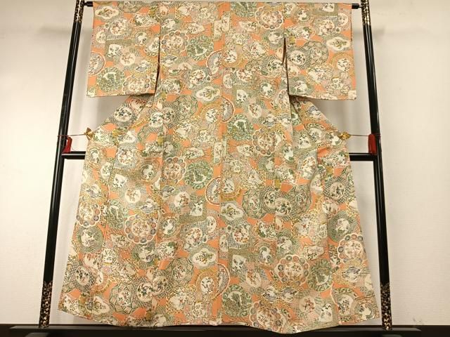 平和屋着物▽上質な小紋 単衣 花絵皿文 正絹 fy