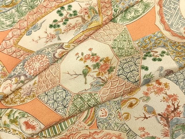 平和屋着物▽上質な小紋 単衣 花絵皿文 正絹 fy