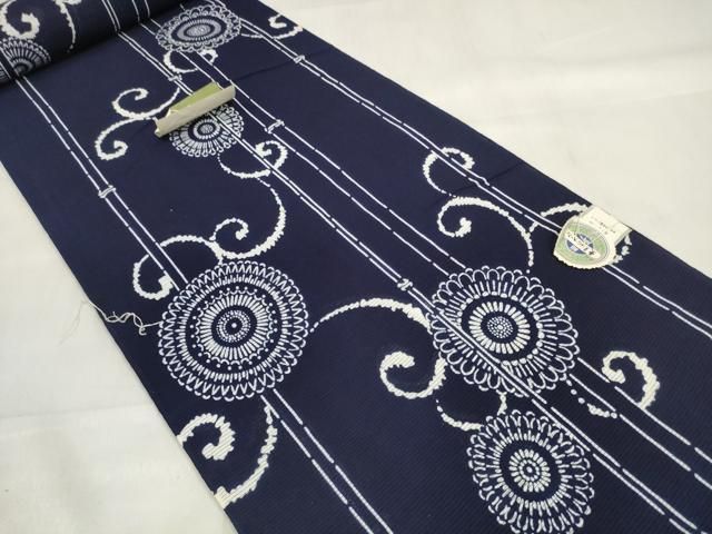 平和屋着物＊夏物 浴衣 反物 着尺 綿絽 かぐや好み染 菊唐草文 紺地 綿 ♥ zzz