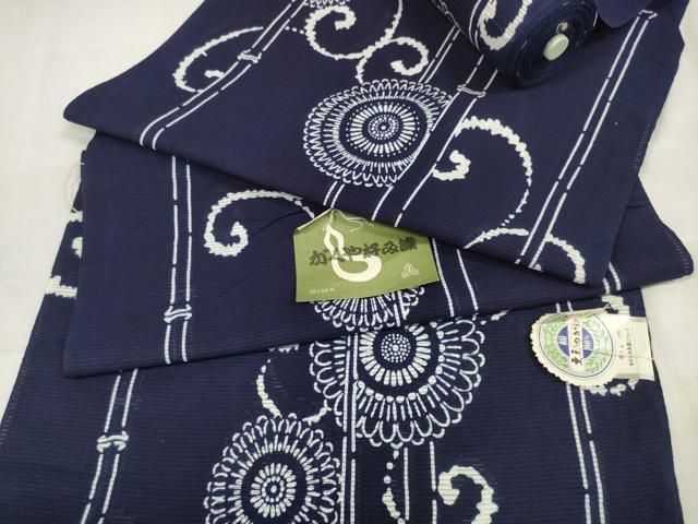 平和屋着物＊夏物 浴衣 反物 着尺 綿絽 かぐや好み染 菊唐草文 紺地 綿 ♥ zzz