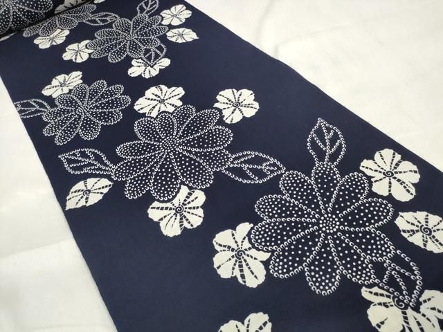 平和屋着物＊夏物 浴衣 反物 着尺 花重ね 紺地 綿 ♥ zzz
