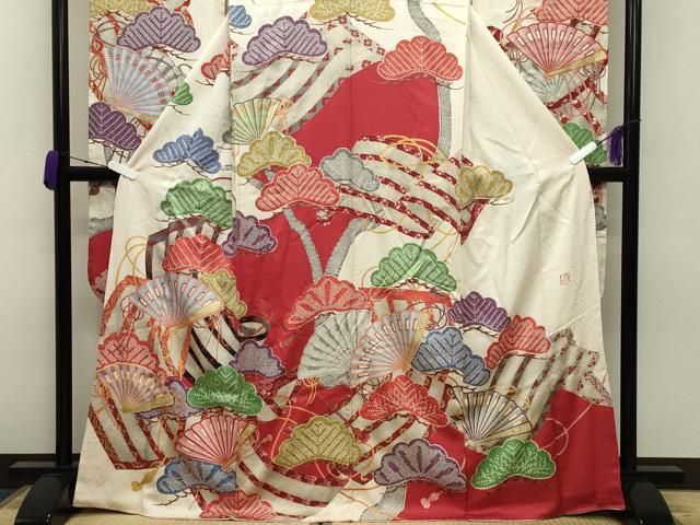 平和屋着物○紫綬褒章 巨匠『岩田専太郎』 振袖 駒刺繍 檜扇松文 金彩