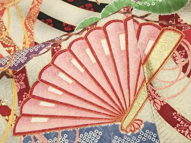 平和屋着物○紫綬褒章 巨匠『岩田専太郎』 振袖 駒刺繍 檜扇松文 金彩