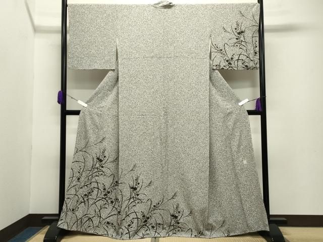 平和屋着物●訪問着 作家物 草花文 たたき染め 黒地 金彩 正絹 gh