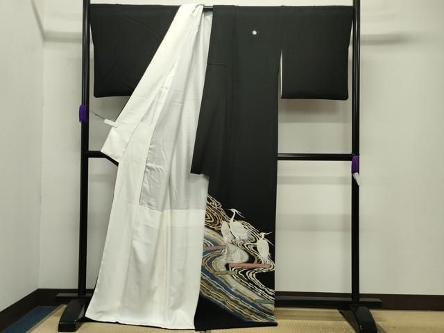 平和屋着物●豪華黒留袖 作家物 刺繍 流水鷺文 暈し染め 金彩 正絹 gh