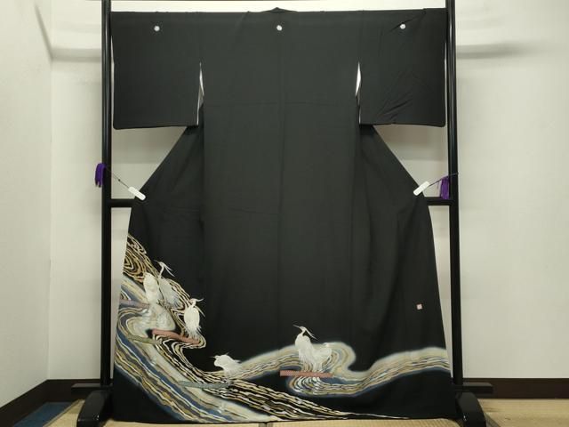 平和屋着物●豪華黒留袖 作家物 刺繍 流水鷺文 暈し染め 金彩 正絹 gh
