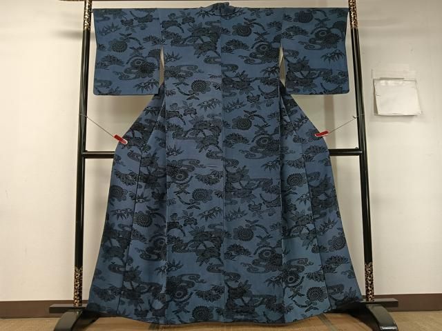 平和屋着物●上質な小紋 本藍 型絵染 流水花文 鬼しぼ縮緬 正絹 vp