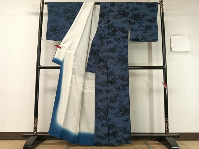  平和屋着物●上質な小紋 本藍 型絵染 流水花文 鬼しぼ縮緬 正絹 vp 小紋 着物