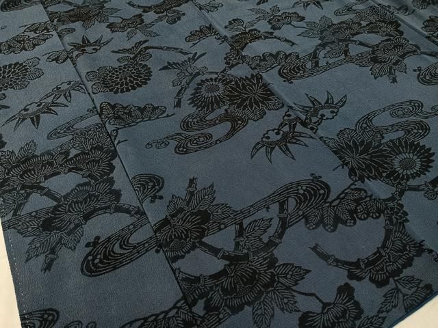 平和屋着物○上質な小紋 本藍 型絵染 流水花文 鬼しぼ縮緬 正絹 逸品
