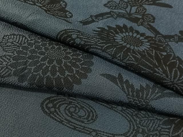 平和屋着物○上質な小紋 本藍 型絵染 流水花文 鬼しぼ縮緬 正絹 逸品