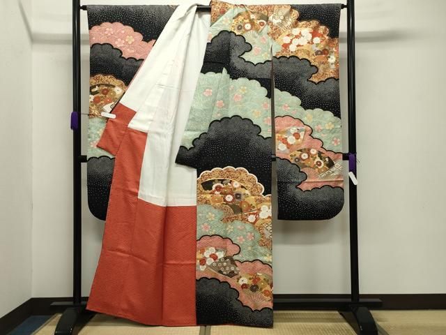  平和屋着物●豪華振袖 駒刺繍 雲重ね扇面花文 黒地 金彩 正絹 gh 振袖 着物