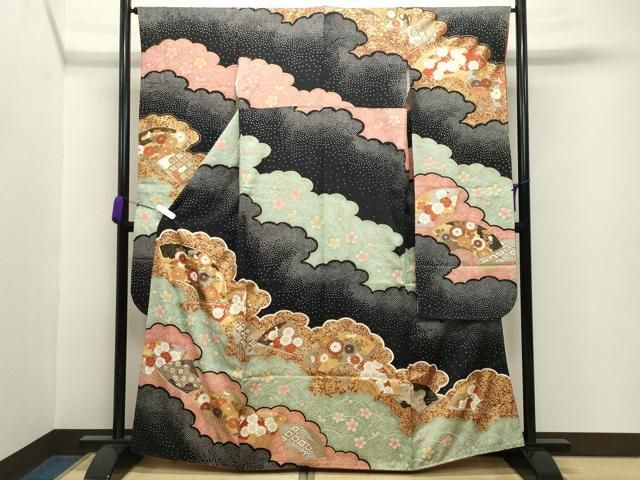 平和屋着物●豪華振袖 駒刺繍 雲重ね扇面花文 黒地 金彩 正絹 gh