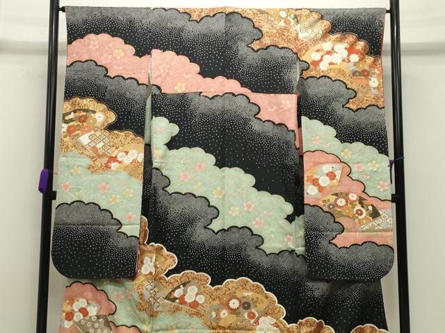 平和屋着物●豪華振袖 駒刺繍 雲重ね扇面花文 黒地 金彩 正絹 gh