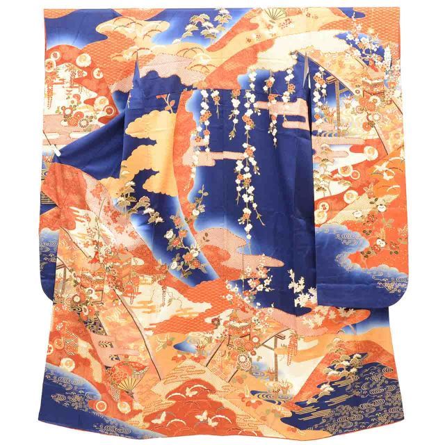 リサイクル着物 振袖 振り袖 ヴィンテージ振袖 ビンテージ振袖 正絹 絹 Lサイズ ちょっとふくよかL 特品 身丈 164 5 cm 裄丈 66 3 袷 仕立て上がり 金彩 金駒刺繍 紺 SILK シルク uu 2364 b