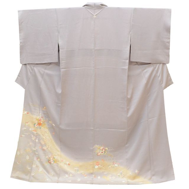 色留袖 リサイクル着物 正絹 絹 Lサイズ ちょっとふくよかL 特品 身丈163 5 cm 裄丈68 袷 仕立て上がり 一つ紋 金駒刺繍 金彩 グレー 扇 草花 鶴 SILK リユース uu 2362 b