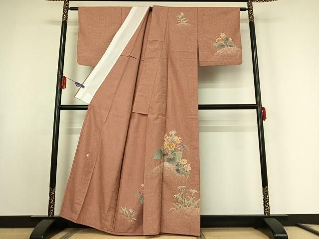 平和屋着物▽訪問着 単衣 紬地 作家物 草花文 金彩 正絹 jh